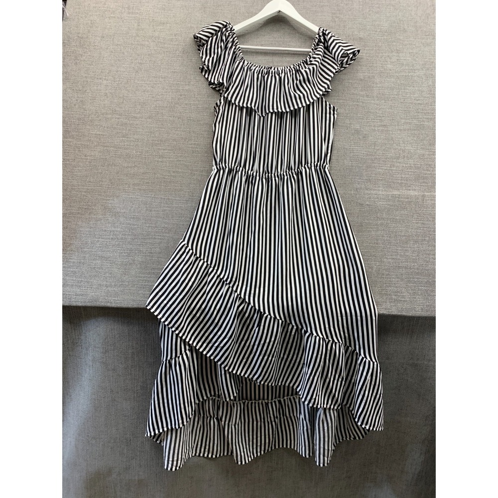 Tommy Bahama Palm Party Dress Womens Medium Black White Striped Off The Shoulder
